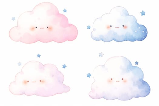 Clouds face set hand drawn simple cute watercolor illustration