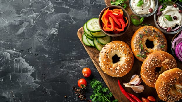 Vibrant Bagel Spread with Fresh Veggies with Copy Space for Text.