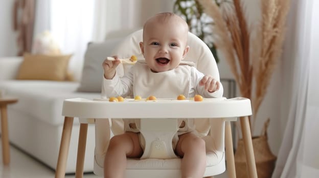 Delighted Baby Eating Snacks in High Chair.