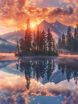 Serene Sunset Reflection on Tranquil Lake.