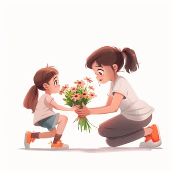 Two Girls Sharing a Bouquet of Flowers.