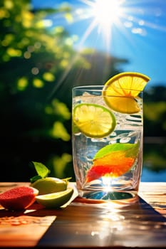 Invigorating fruit-infused water elegantly presented in a sparkling glass on a sunny day