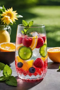 Refreshing concoction of fruit-infused water served in a stylish glass under the warm sun