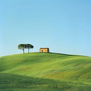 A small house is perched on a lush green hill, overlooking the vast natural landscape below. The sky meets the horizon in the distance, surrounded by trees and grassland