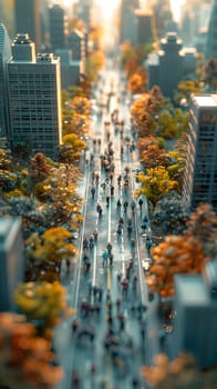 A group of individuals strolling through the urban landscape, passing by towering skyscrapers and lush vegetation lining the streets