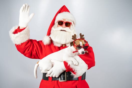 Portrait of santa claus in sunglasses and dog jack russell terrier in rudolf reindeer ears on a white background