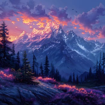 A stunning natural landscape painting depicting a mountain range with a sunset in the background, showcasing the vibrant colors of the sky, clouds, and afterglow