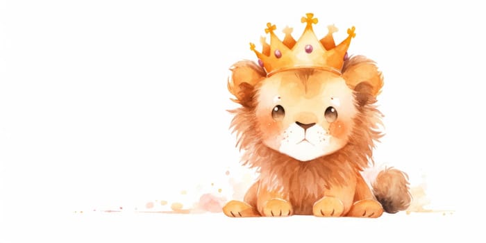Cute kawaii baby lion in crown hand drawn watercolor illustration