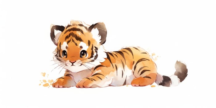 Cute kawaii baby tiger hand drawn watercolor illustration