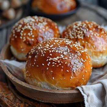 Three sesame seed buns are displayed in a wooden bowl, a staple food in many cultures. Baked goods with sesame seeds are a popular fast food item, often used as an ingredient in various recipes