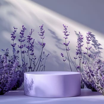 A violet podium made of natural material surrounded by purple flowers on a rectangular porcelain dishware, set on a table with green grass background