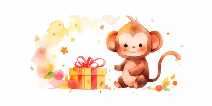 Cute kawaii baby monkey with gift hand drawn watercolor illustration