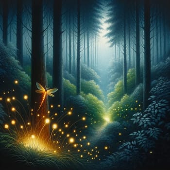 A painting capturing the enchanting glow of a firefly as it illuminates a forest at night.