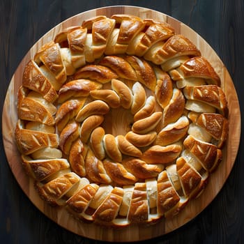 A decorative wreath made of bread sits on a rustic wooden cutting board, showcasing the versatility of this staple food ingredient in various cuisine and baked goods recipes