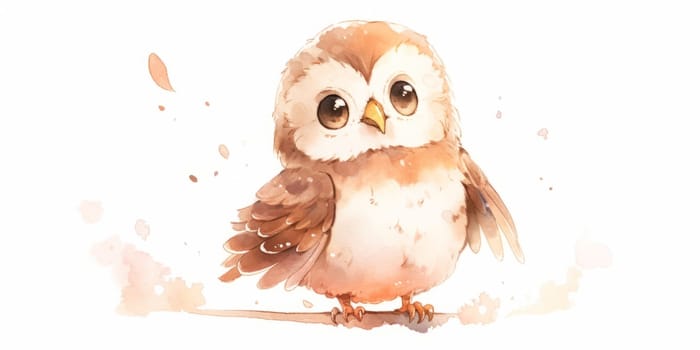 Cute kawaii baby owl hand drawn watercolor illustration