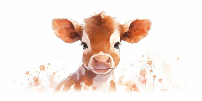 Cute baby cow hand drawn watercolor illustration