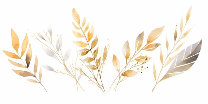 Set of watercolor green leaves with gold lines elements. Clipart botanical collection