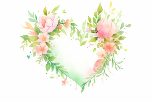 Heart shaped floral frame hand drawn watercolor illustration
