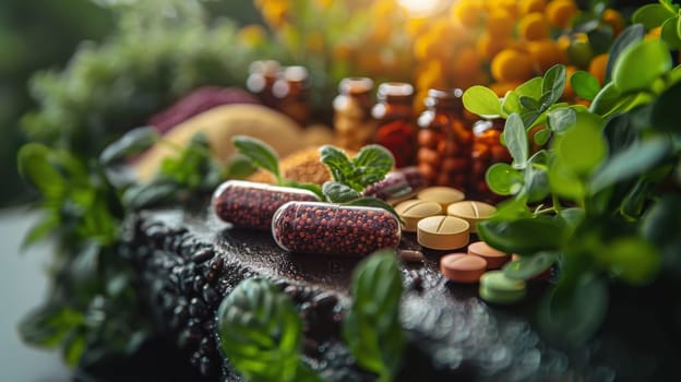 Vitamin capsules in a jar on the table. Vitamin tablets .