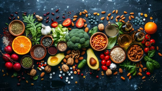 Various vegetables, seeds and fruits, vitamins in the background . Healthy Diet. Biohacking.