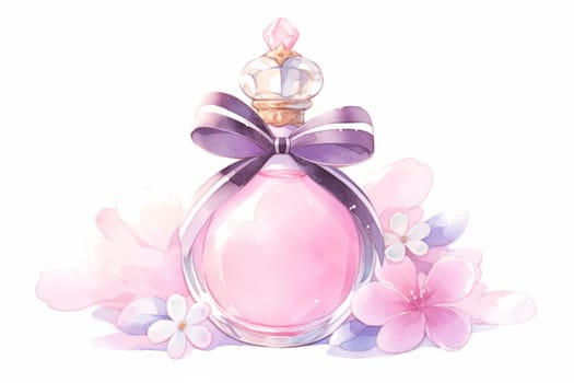 Vintage perfume pink bottle hand drawn watercolor illustration