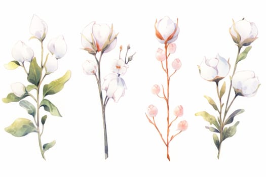 Cotton flowers hand drawn watercolor illustration