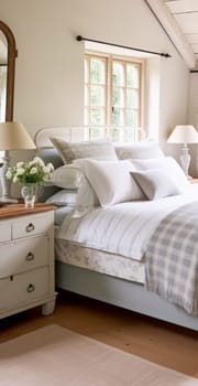 Cottage bedroom decor, interior design and holiday rental, bed with elegant bedding linen and antique furniture, English country house and farmhouse style idea