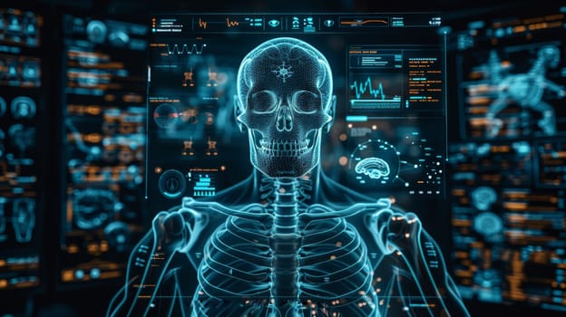 The skeletal structure of the human body is on display, examining the contents on the screen.