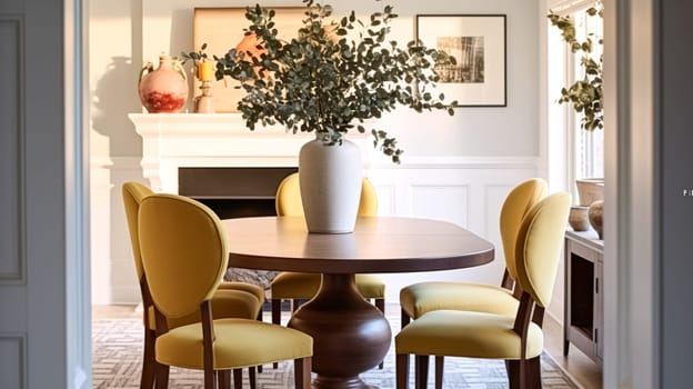 Modern cottage dining room decor, interior design and country house furniture, home decor, table and yellow chairs, English countryside style interiors