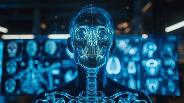 The skeletal structure of the human body is on display, examining the contents on the screen.