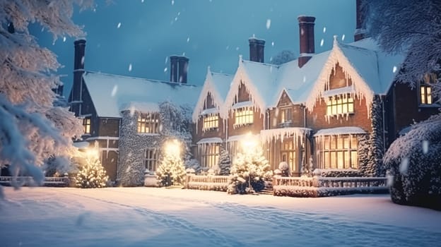 Christmas in the countryside manor, English country house mansion decorated for holidays on a snowy winter evening with snow and holiday lights, Merry Christmas and Happy Holidays design