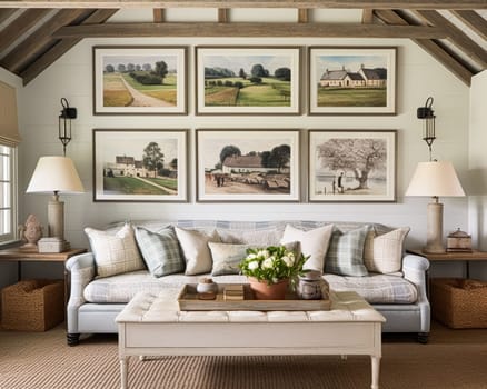 Living room gallery wall, home decor and wall art, framed art in the English country cottage interior, room for diy printable artwork mockup and print shop idea