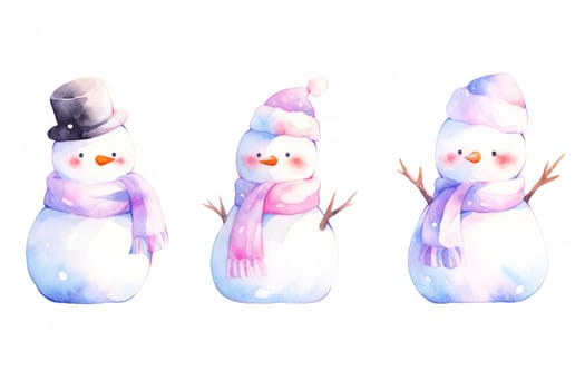 Set of cute kawaii snowman hand painted watercolor illustration