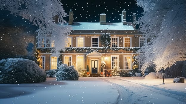 Christmas in the countryside manor, English country house mansion decorated for holidays on a snowy winter evening with snow and holiday lights, Merry Christmas and Happy Holidays design