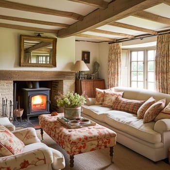 Cottage interior with modern design and antique furniture, home decor, sitting room and living room, sofa and fireplace in English country house and countryside style interiors