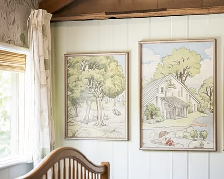 Cottage nursery framed art decor, interior design and children home decor, baby room gallery wall and country furniture, English countryside house style interiors