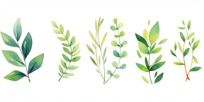 Set of watercolor green leaves elements. Clipart botanical collection
