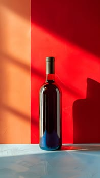 A glass bottle of alcoholic beverage, wine, is placed on a table in front of a red wall. The cork is intact, ready to be removed for a drink