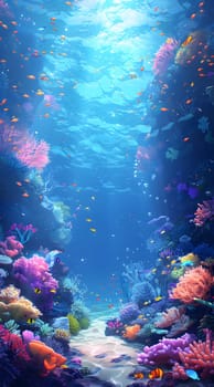 An underwater art gallery of pink and aqua coral reefs teeming with diverse marine organisms like fish, showcasing the beauty of marine biology