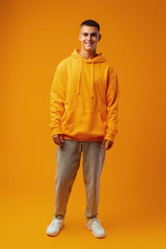 Full length portrait of young man standing on yellow background in studio