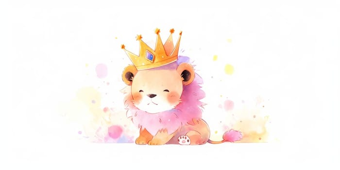 Cute kawaii baby lion in crown hand drawn watercolor illustration