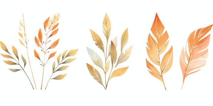 Set of watercolor green leaves with gold lines elements. Clipart botanical collection