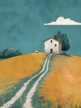 A beautiful painting of a house perched on top of a hill, surrounded by natural landscape and fluffy clouds in the sky, creating a peaceful and atmospheric scene