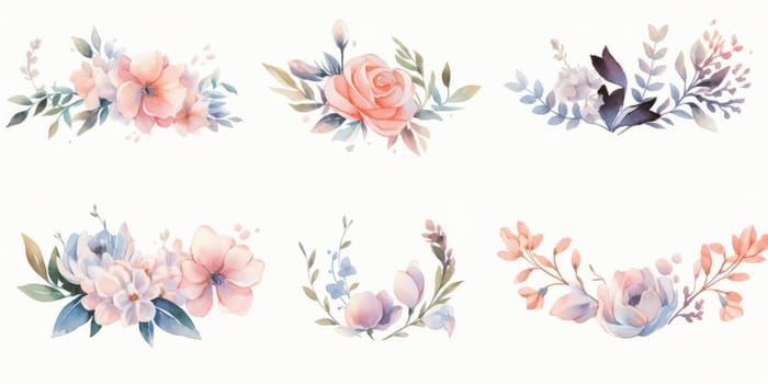 Watercolour floral illustration set. DIY blush pink blue flower, green leaves