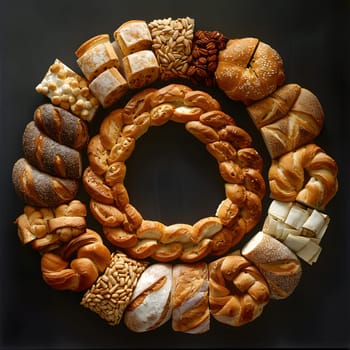 A variety of breads are arranged in a circular pattern, resembling a wood art piece. The symmetry and natural materials give it a stylish fashion accessory vibe