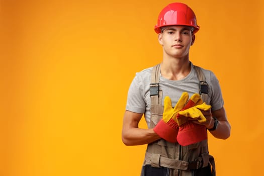 Young construction worker in helmet and uniform posing on yellow background in studio, close up