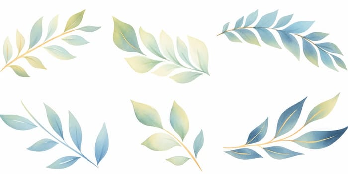 Set of watercolor green leaves with gold lines elements. Clipart botanical collection