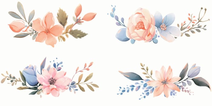 Watercolour floral illustration set. DIY blush pink blue flower, green leaves