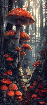 A cluster of mushrooms thrives in the natural environment of a forest, surrounded by terrestrial plants and organisms like fish and flowers, adding a touch of art to the darkness of the forest