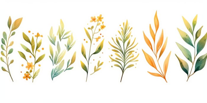 Set of watercolor green leaves with gold lines elements. Clipart botanical collection